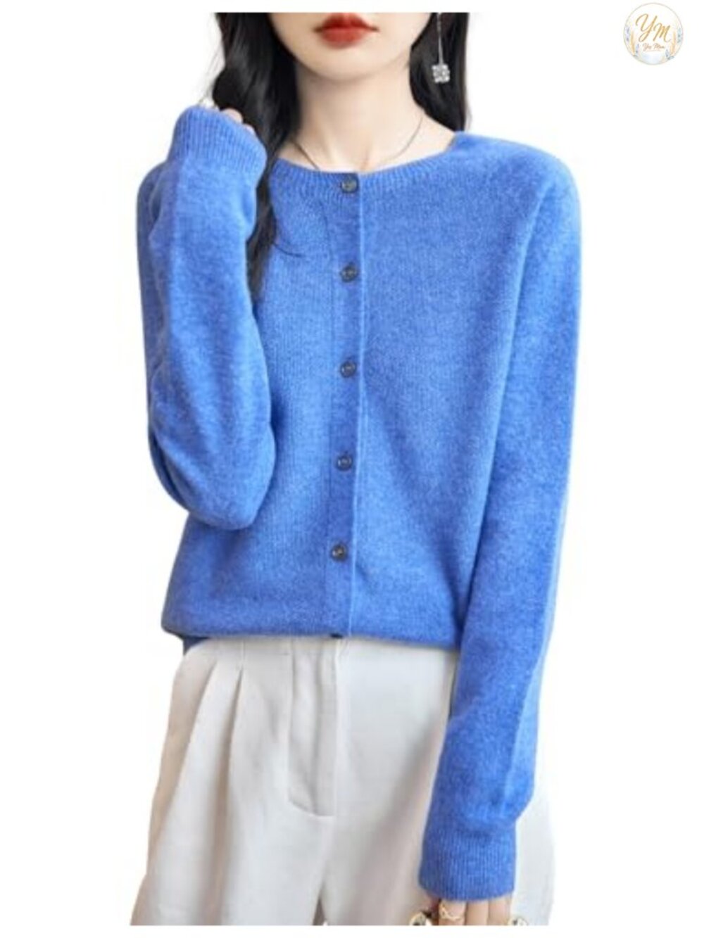 100% Merino Wool Seamless Cardigan Crewneck Long Sleeve Sweater